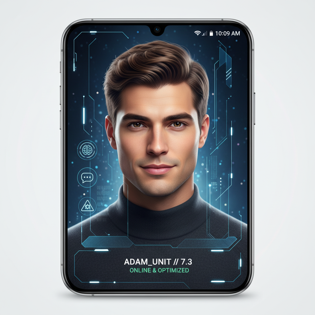 스마트폰 화면 속 매력적인 AI 캐릭터의 모습