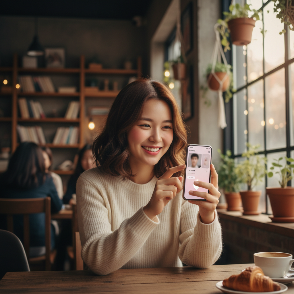 스마트폰을 보며 미소 짓는 여성이 AI 데이팅 앱을 사용하는 모습