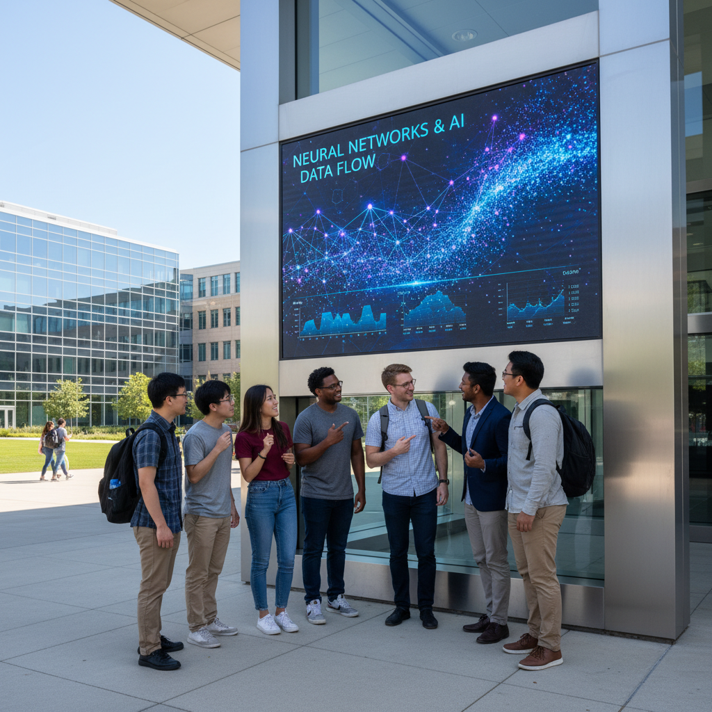 A group of diverse university students on a modern campus looking at a large outdoor digital screen displaying neural networks and AI data flow. High quality photography, daylight, natural expressions, 4:3