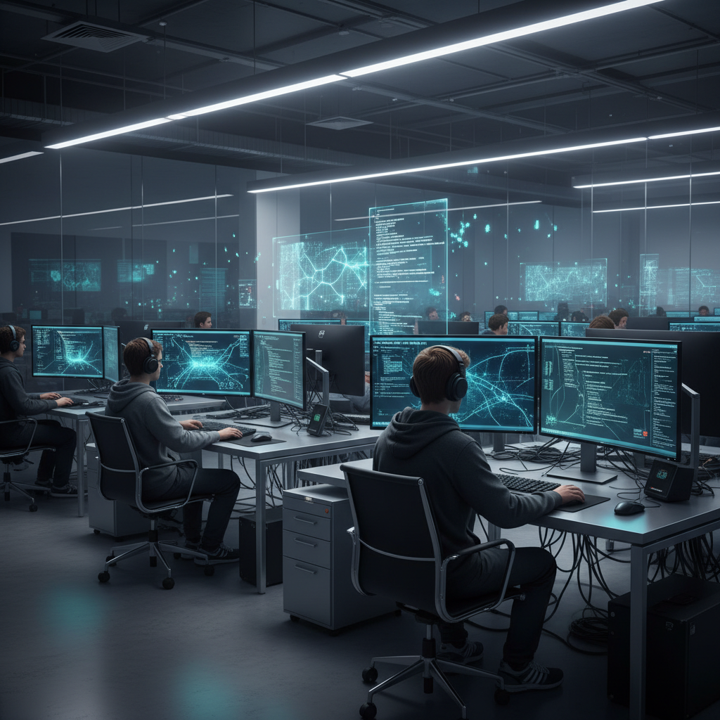 AI 알고리즘과 데이터 분석을 연구하는 현대적인 연구실 풍경