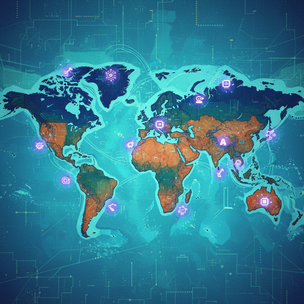 글로벌 기술 허브와 AI 교육 거점을 나타내는 세계 지도 일러스트