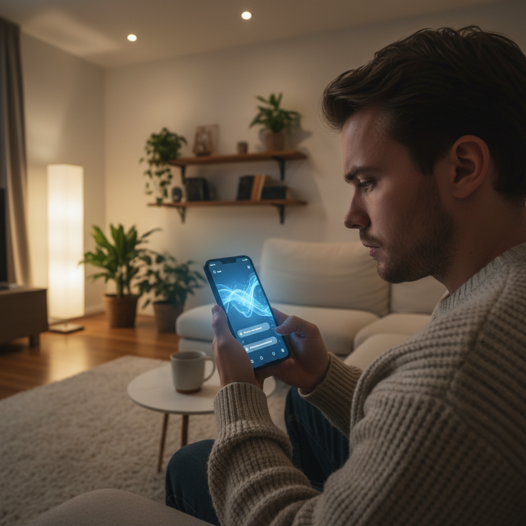 스마트폰으로 AI와 대화하며 고민하는 사람