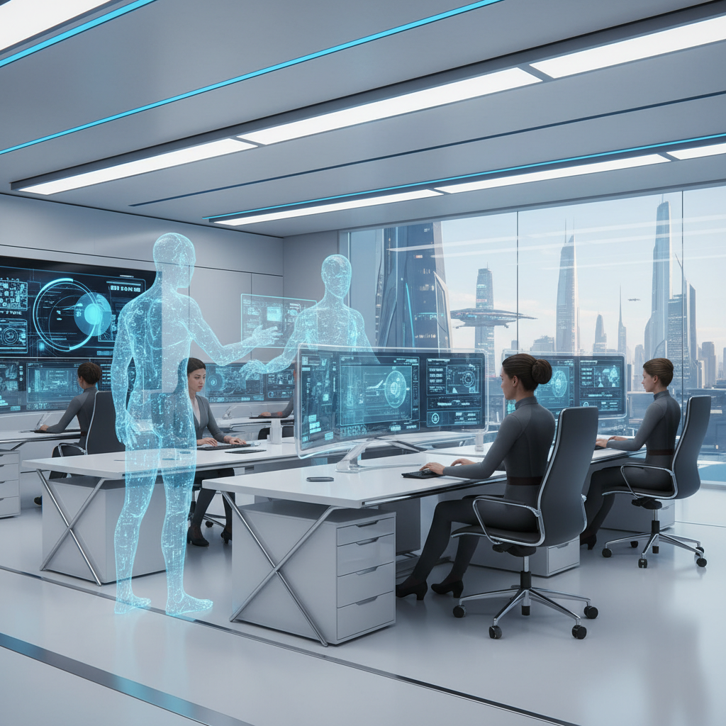 A futuristic and clean office environment where human employees and translucent holographic AI agents are working together at modern desks. The lighting is bright and professional with a touch of blue accent colors. High-quality 3D render style with a focus on collaborative atmosphere. No text. 4:3