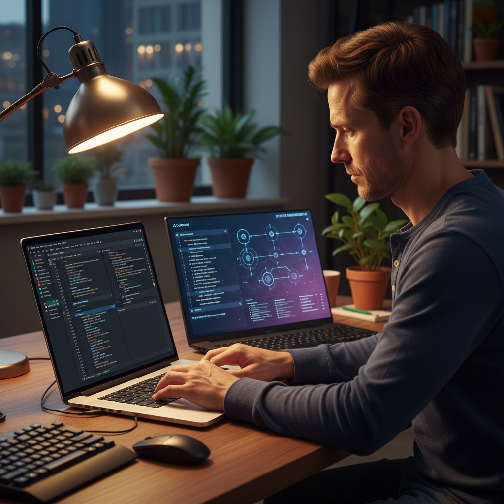 개발자가 코드 편집기에서 AI 건축가 솔루션을 사용하여 프로젝트 구조를 설계하는 장면