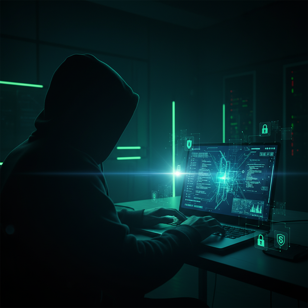 A mysterious hacker silhouette interacting with a glowing futuristic AI coding interface on a laptop screen, digital security theme, dark blue and neon green lighting, high contrast, 4:3