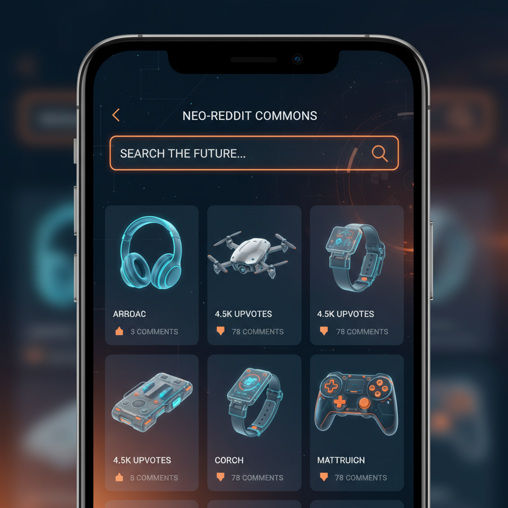 A smartphone screen displaying a futuristic community forum search interface with floating 3D product icons like headphones and gadgets, vibrant reddit orange and blue theme, high contrast, clean layout, 4:3
