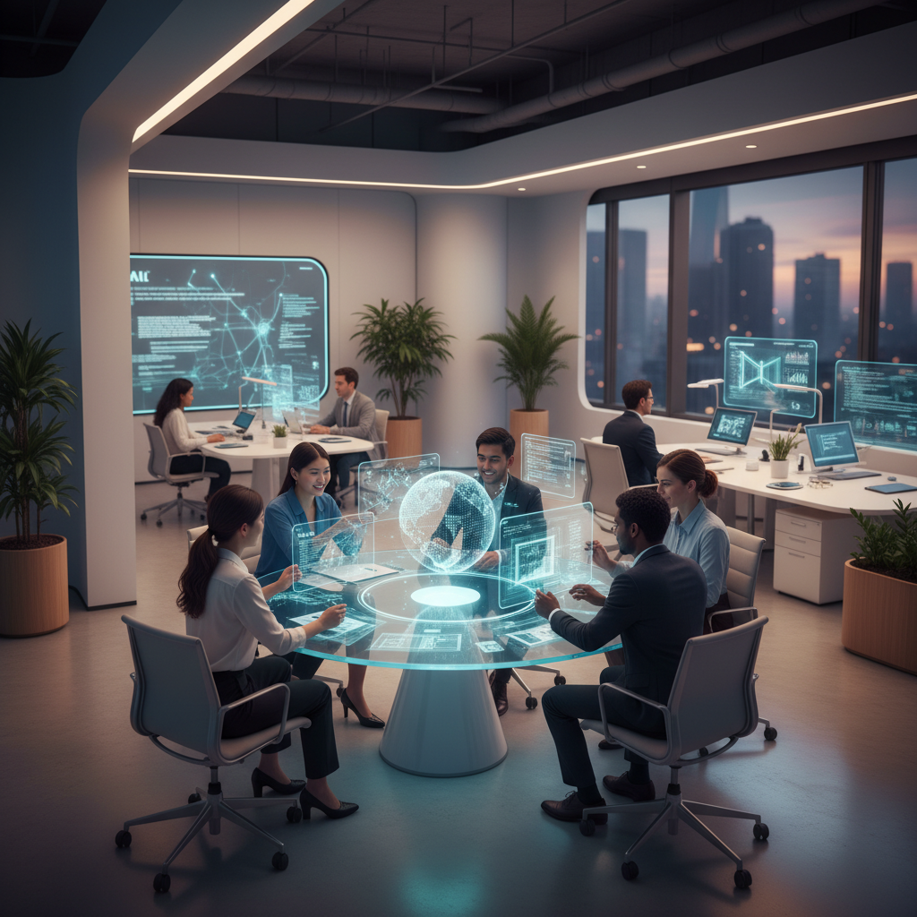 A modern professional office setting where a diverse group of people are collaborating with holographic AI interfaces. The atmosphere is productive and harmonious. High-tech but warm lighting. 4:3