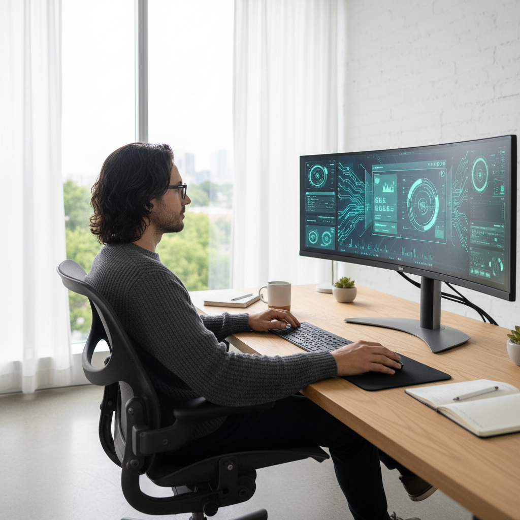 사무실에서 AI 도구를 활용해 업무 효율을 높이는 전문가의 뒷모습