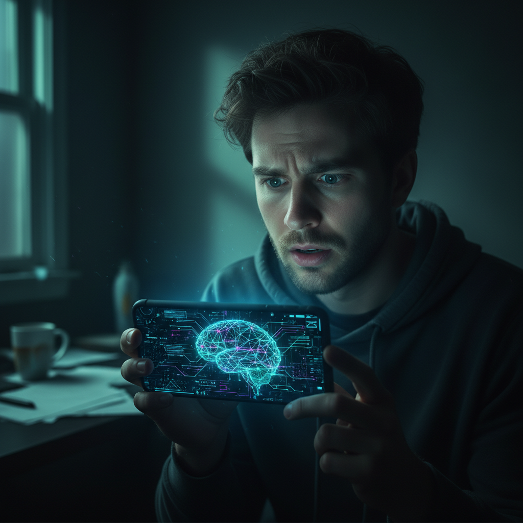 A person looking at a smartphone screen displaying a complex glowing AI brain interface in a dark room, feeling confused and anxious, cinematic lighting, realistic style, 4:3