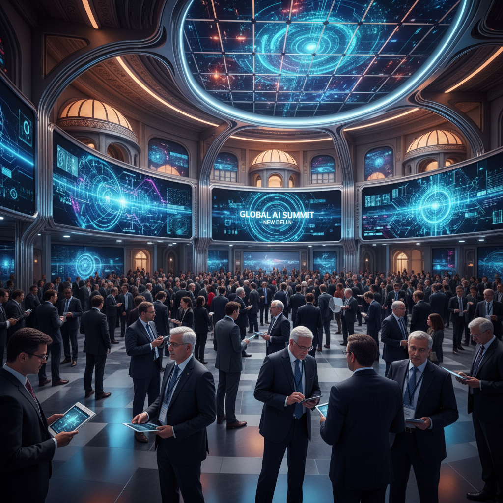 A futuristic and grand international conference hall in India filled with diverse global tech leaders and screens displaying advanced artificial intelligence neural networks. The atmosphere is professional and innovative with vibrant lighting. 4:3