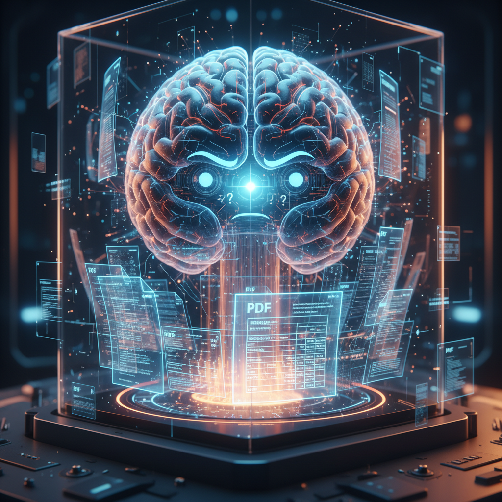 AI가 복잡한 PDF 문서를 분석하며 어려움을 겪는 모습