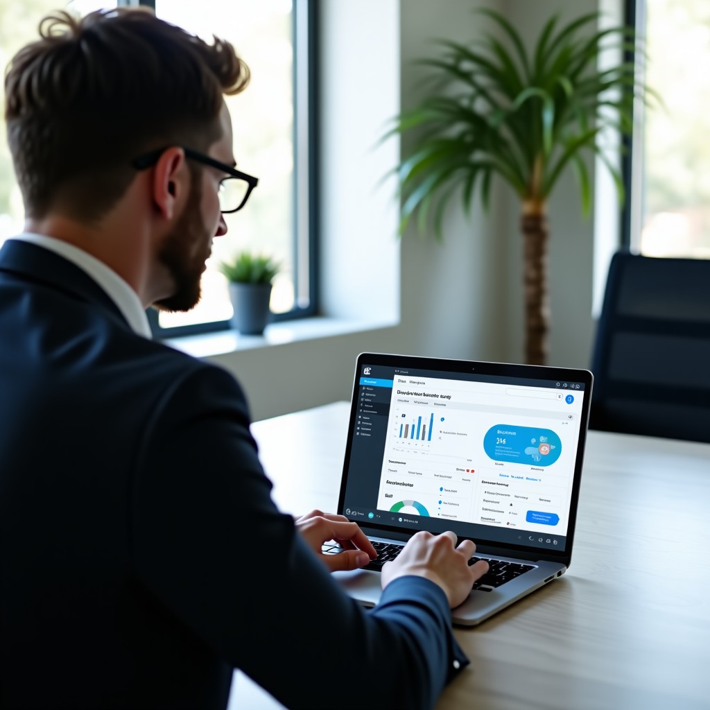 A modern office setting with a professional using a laptop showing a clean AI search interface dashboard, soft natural lighting, high contrast, 4:3