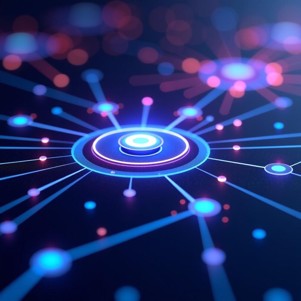 A modern and sleek digital dashboard interface showing glowing data streams and network nodes representing an AI gateway system. High-tech aesthetic with deep blue and purple lighting, 3D visualization of interconnected data points, futuristic software UI design, 4:3