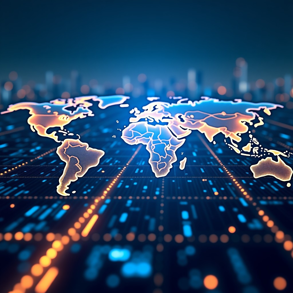 A high-tech digital visualization of a global AI network connecting data centers across a futuristic city landscape at night, glowing blue and gold circuits, cinematic lighting, ultra-detailed, 4:3