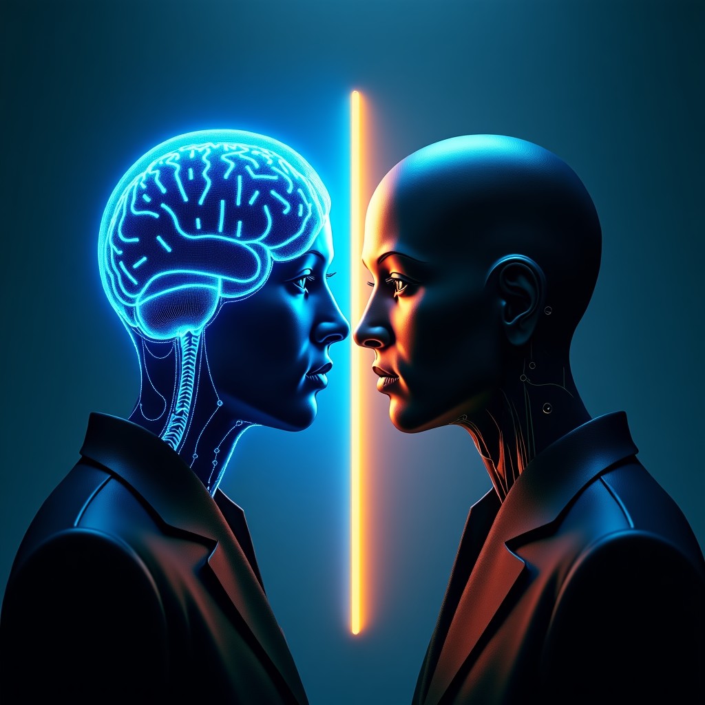 A cinematic and high-contrast image representing the conflict between AI ethics and military power. On one side, a glowing blue digital brain structure protected by a transparent shield. On the other side, a dark metallic silhouette of a military command center. The atmosphere is tense and futuristic with a dark navy and gold color palette. 1:1