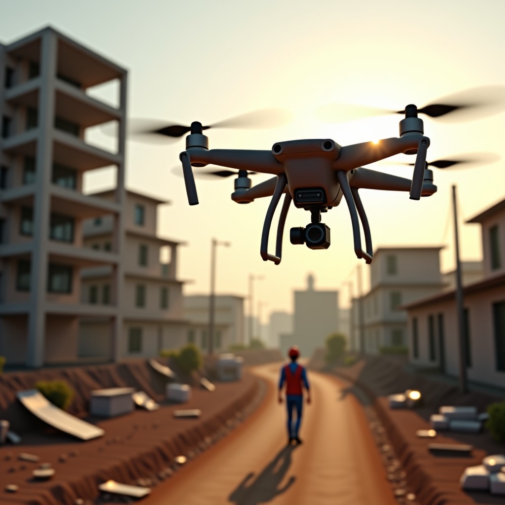 Advanced quadcopter drones carrying construction materials to a rural Indian village site, robotic arms assembling a modern hospital building, sunny daylight, photorealistic, cinematic composition, 4:3