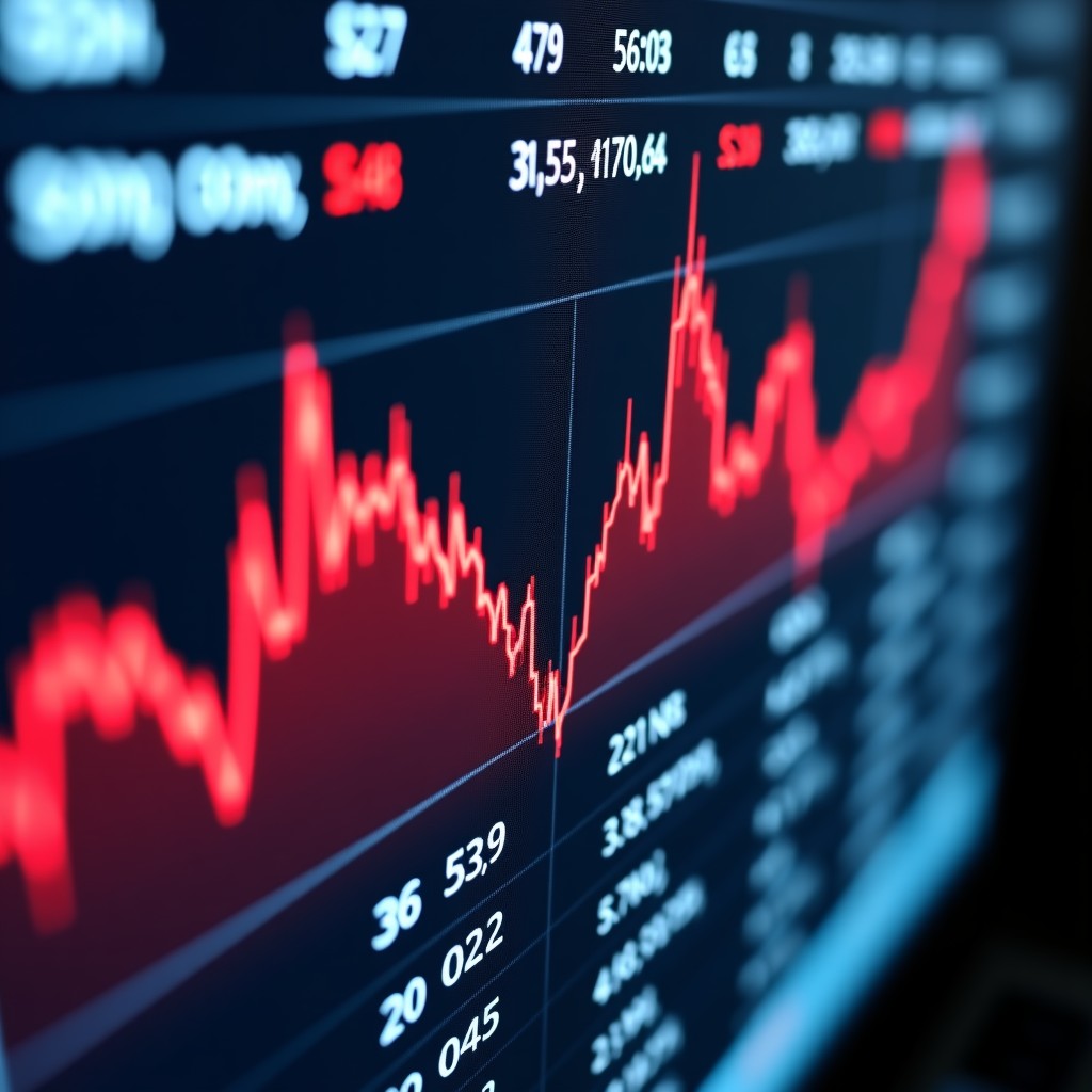 A professional high-angle shot of a digital stock market display in London, showing falling red arrows and charts alongside neural network patterns. The atmosphere is tense and modern, with blurred city lights in the background. 4:3