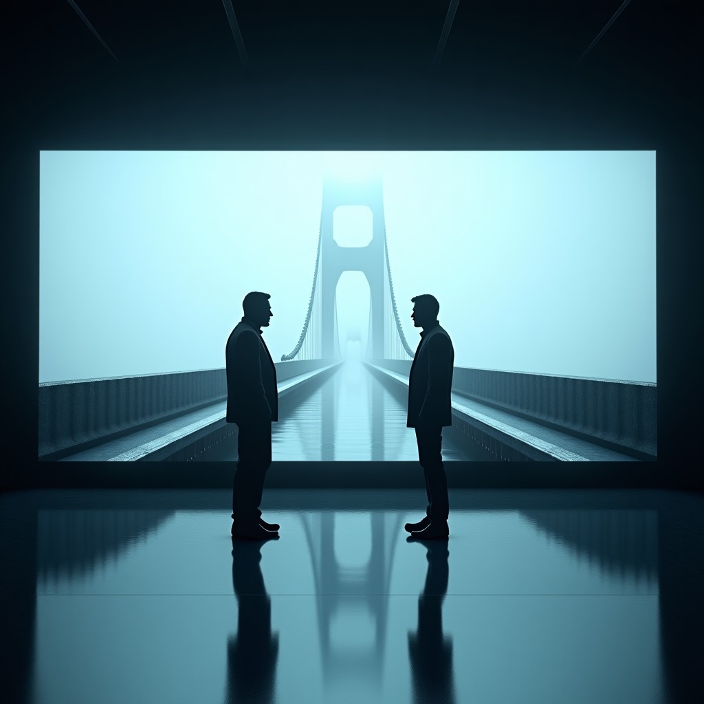 A high-tech futuristic film production studio where a giant screen shows a photorealistic cinematic scene of two famous male actors facing each other on a foggy bridge, digital particles swirling around, professional cinematography lighting, 4:3
