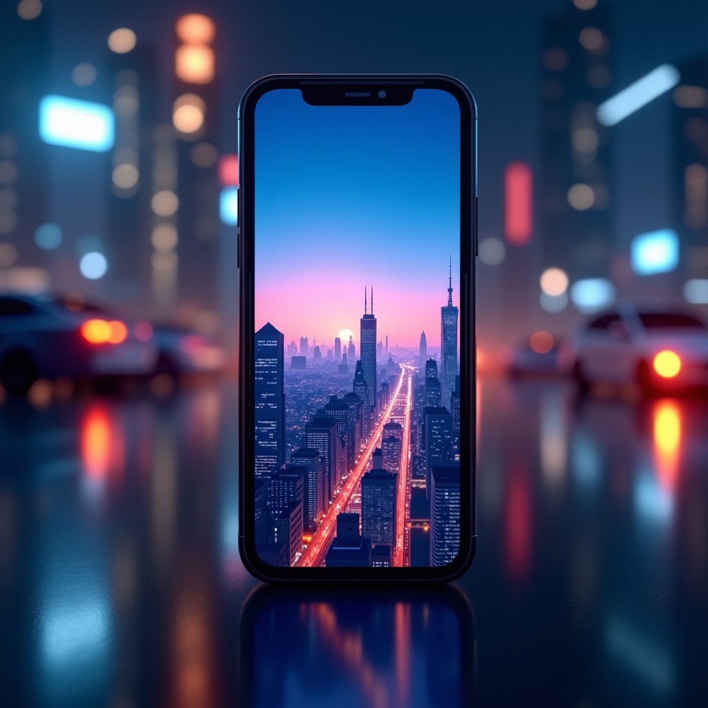 A modern smartphone displaying a vibrant AI-generated night cityscape on its screen, high-tech laboratory background, cinematic lighting, sleek design, 4:3