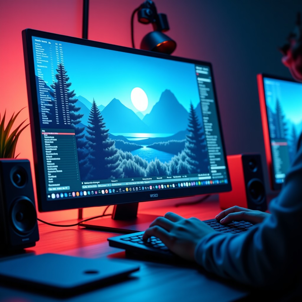 A cinematic scene where a high-tech AI interface is generating a realistic movie landscape, digital overlays showing visual data, creative workspace, professional film editing setup, modern and vibrant colors. 4:3