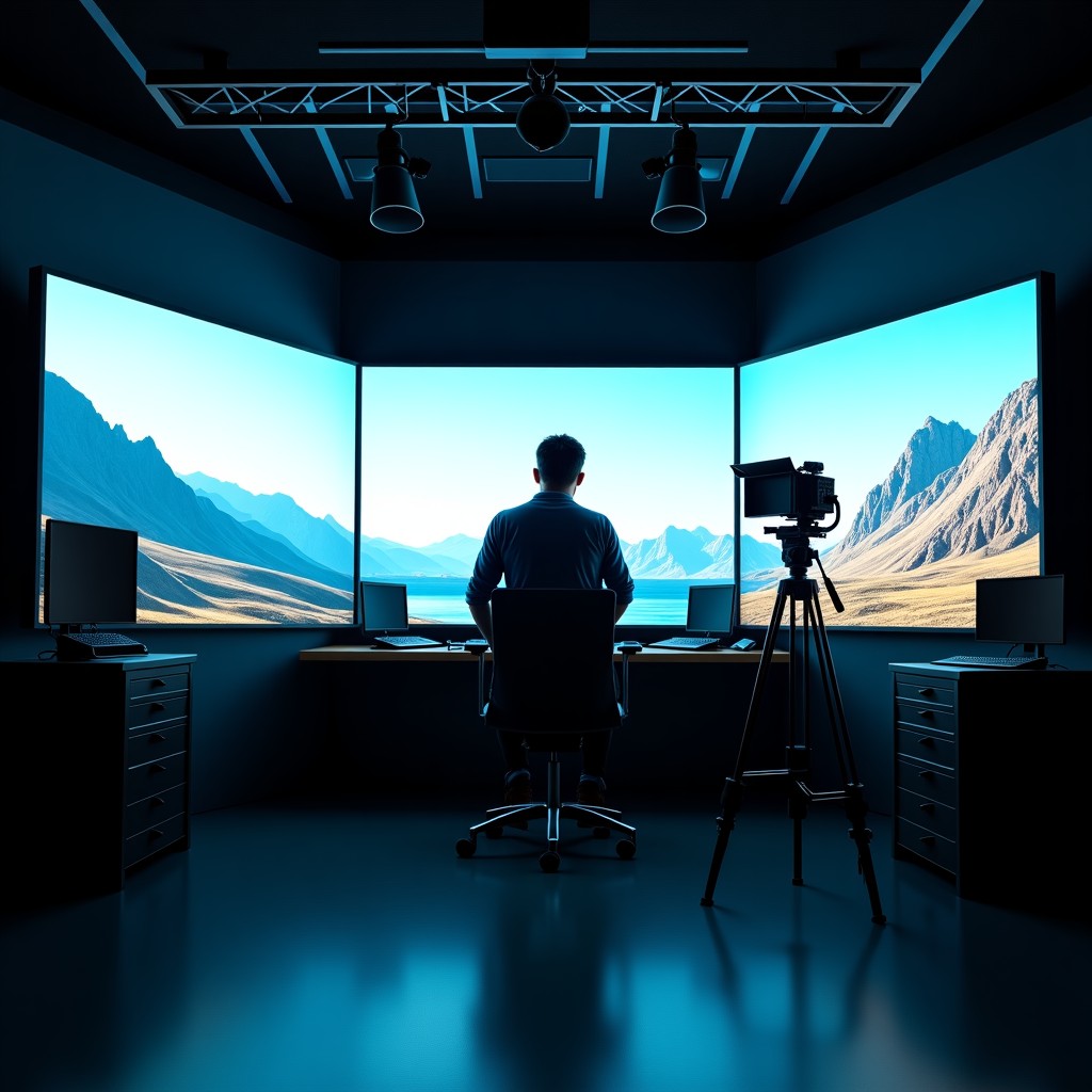 A professional film director working in a high-tech studio with large screens displaying AI-generated cinematic landscapes, professional lighting equipment, modern workspace, cinematic atmosphere, high contrast, 4:3