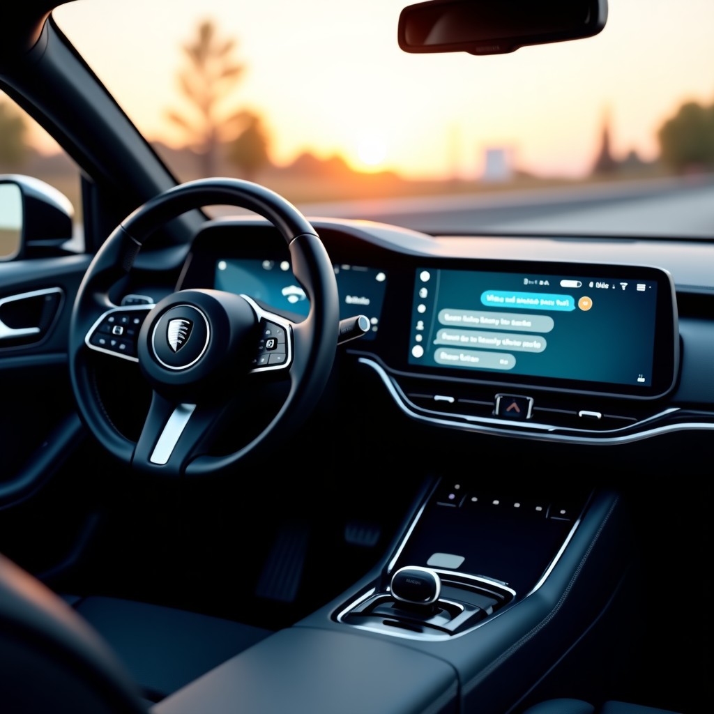 Interior of a smart car with a focus on the steering wheel and the screen showing a sophisticated chatbot interface, soft warm lighting, cinematic composition, 4:3