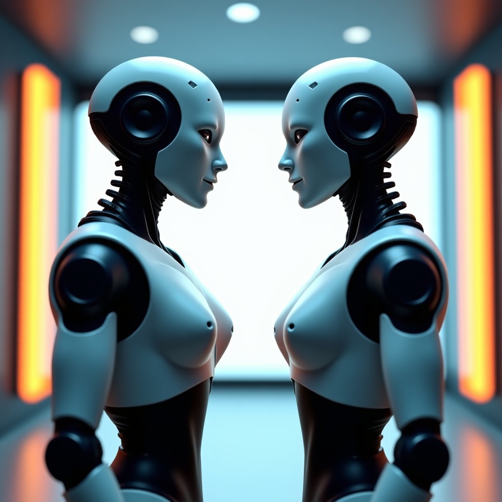 Two futuristic humanoid robots standing face to face in a high-tech boardroom, representing a tense business rivalry, soft blue and orange ambient lighting, cinematic composition, high quality digital art style, 1:1