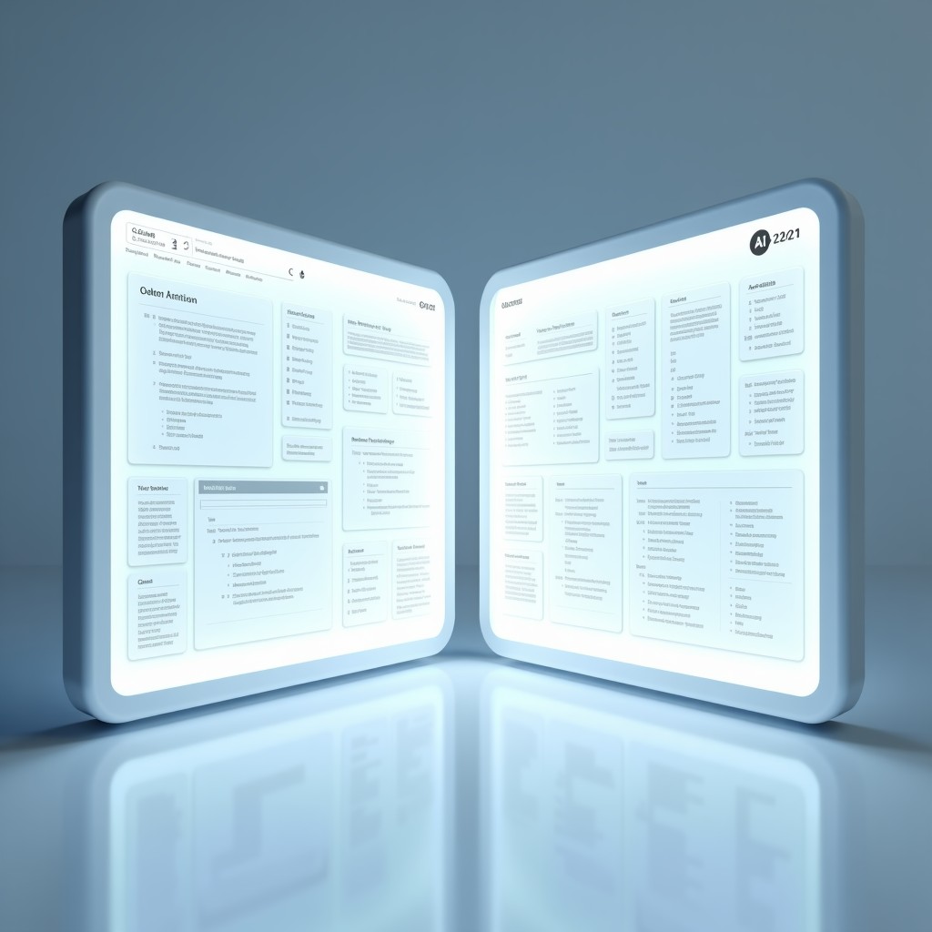 A clean and modern digital space showing a simple AI interface, contrasting with a cluttered screen full of advertisements, minimalist and bright style, 4:3