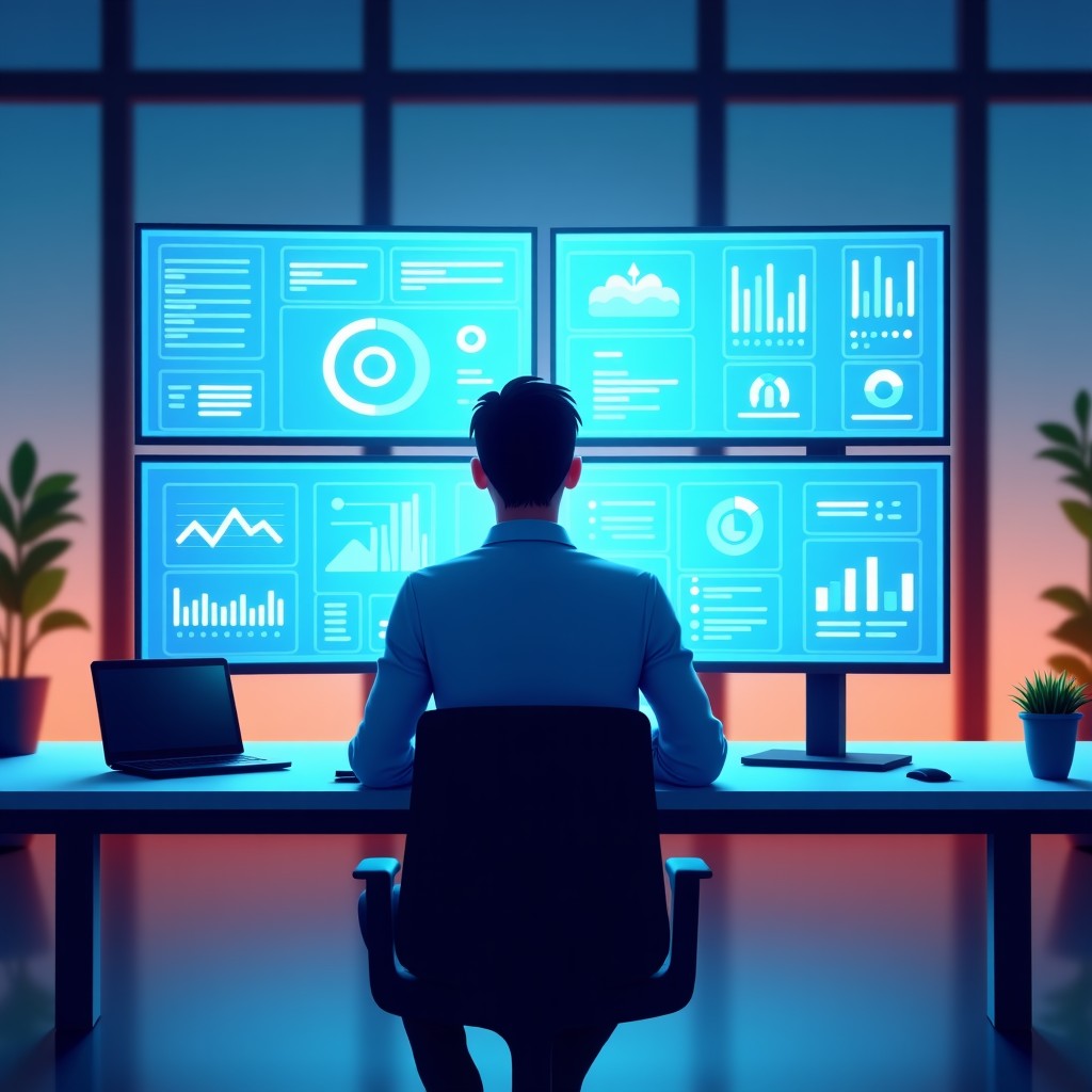 A modern consultant in a bright office looking at multiple screens displaying data visualizations and AI interface, clean minimalist design, professional atmosphere, vibrant colors, 4:3