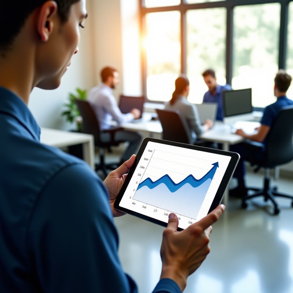 A clean and modern office setting showing a person using a tablet that displays simplified data visualizations of rising productivity curves. In the background, a blur of a busy but organized office. Soft natural lighting, warm and professional atmosphere. 4:3