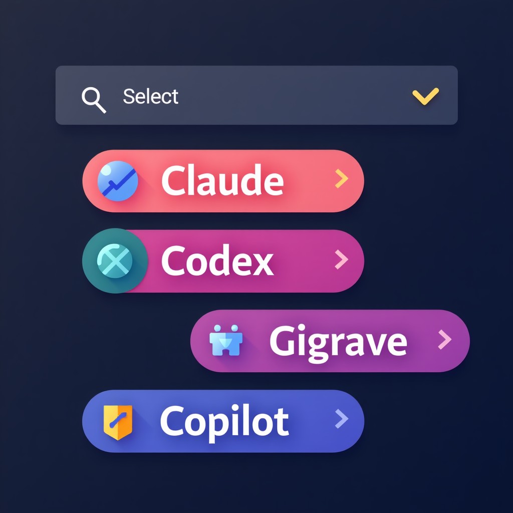 A clean infographic showing a selection menu within a coding editor, displaying options for Claude, Codex, and Copilot. Modern UI design with vibrant colors and high contrast. 4:3