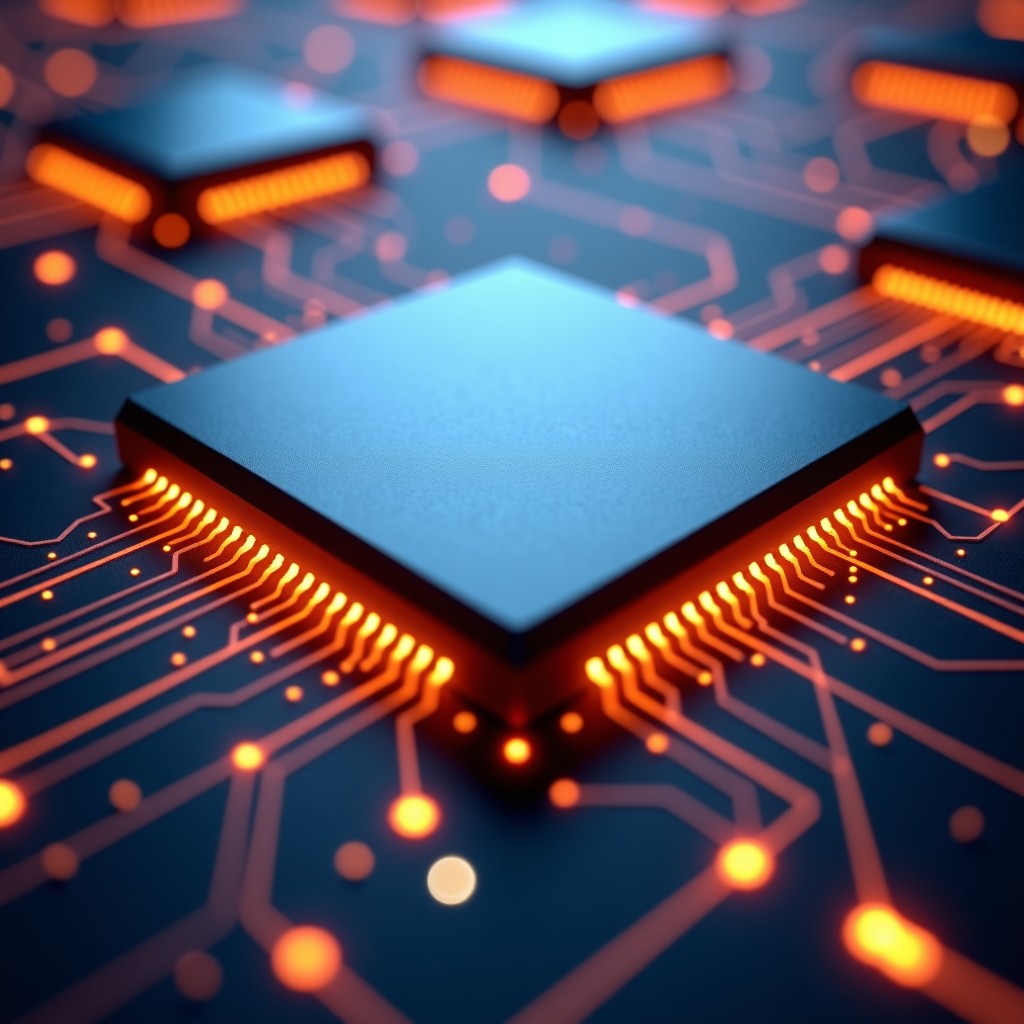 Close-up of powerful AI processor chips with glowing energy circuits and data flow overlays, metallic textures, warm and cold light balance, 1:1