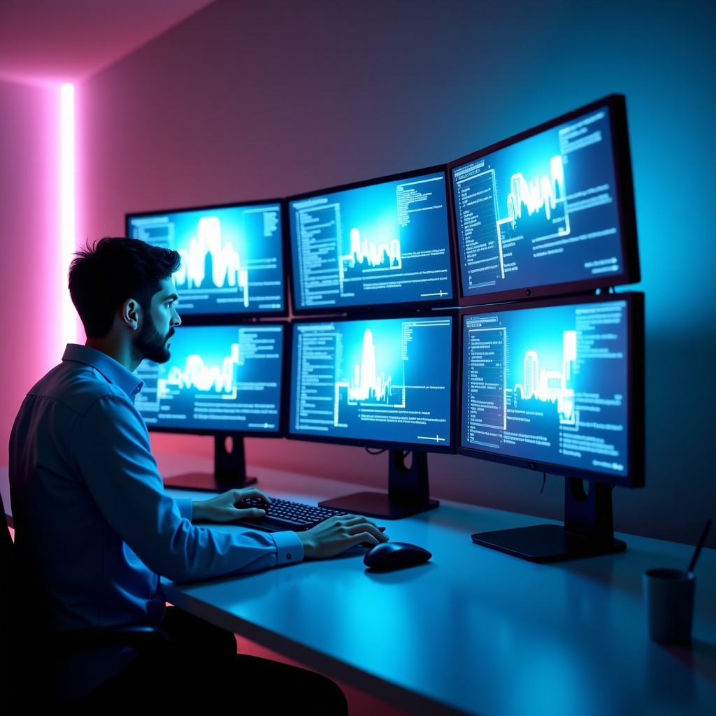 A futuristic digital workstation showing multiple screens with AI-generated video frames, smooth motion graphics, high-tech interface, soft blue and purple ambient lighting, cinematic atmosphere, 4:3