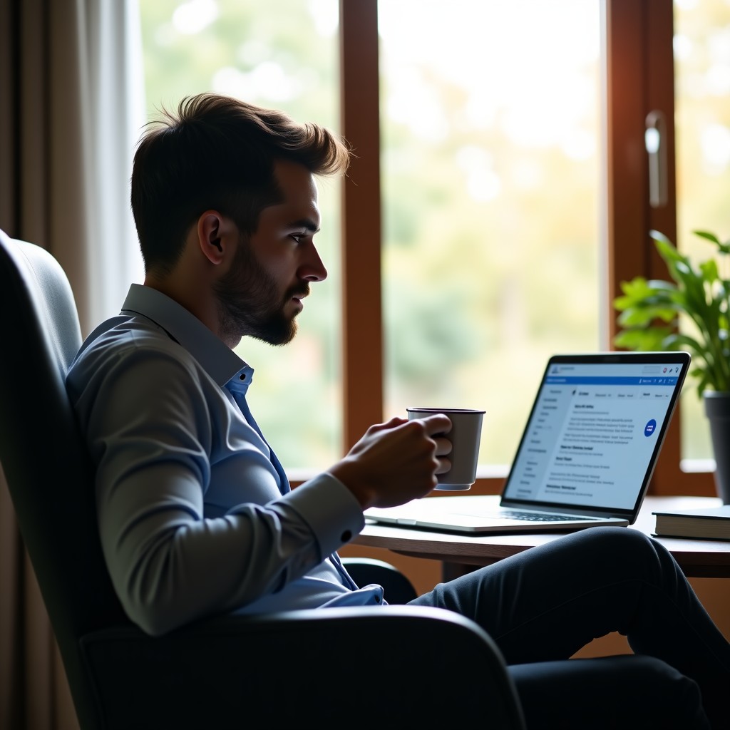 A professional person sitting in a comfortable chair with a coffee cup, looking relaxed while a transparent digital screen nearby shows tasks being completed automatically. Natural sunlight coming through a window, lifestyle photography style. 4:3