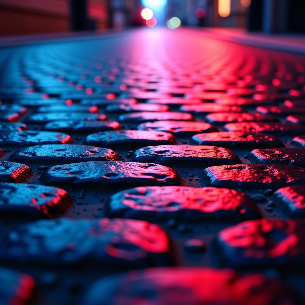 Close-up of distorted cobblestone street textures with glowing neon light reflections, digital artifact style, futuristic glitch aesthetic, 4:3