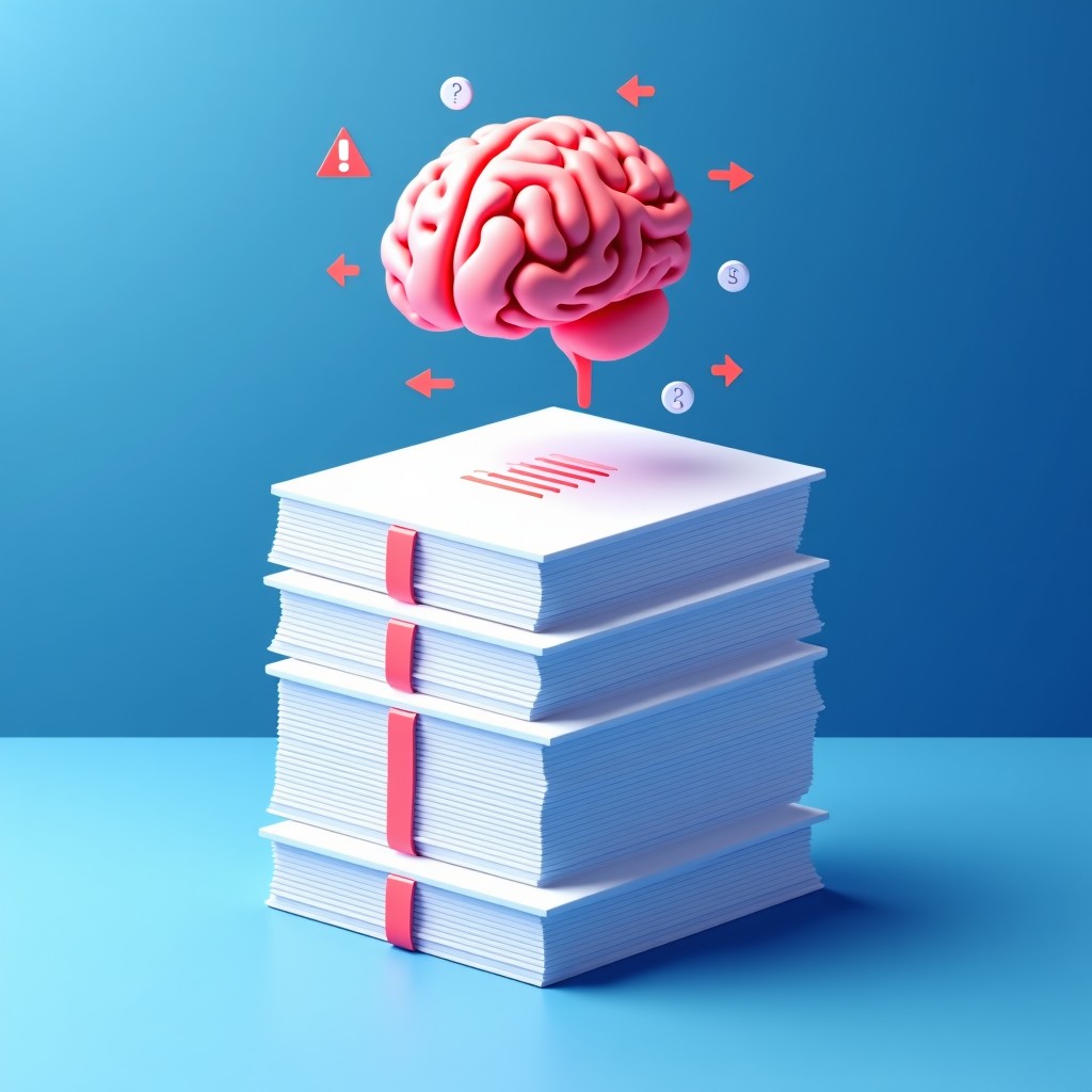 A clean and modern infographic showing a stack of academic papers with a digital AI brain hovering above it. Some papers have red warning symbols and broken link icons. The background is a professional blue gradient. High contrast and minimalist design. 4:3