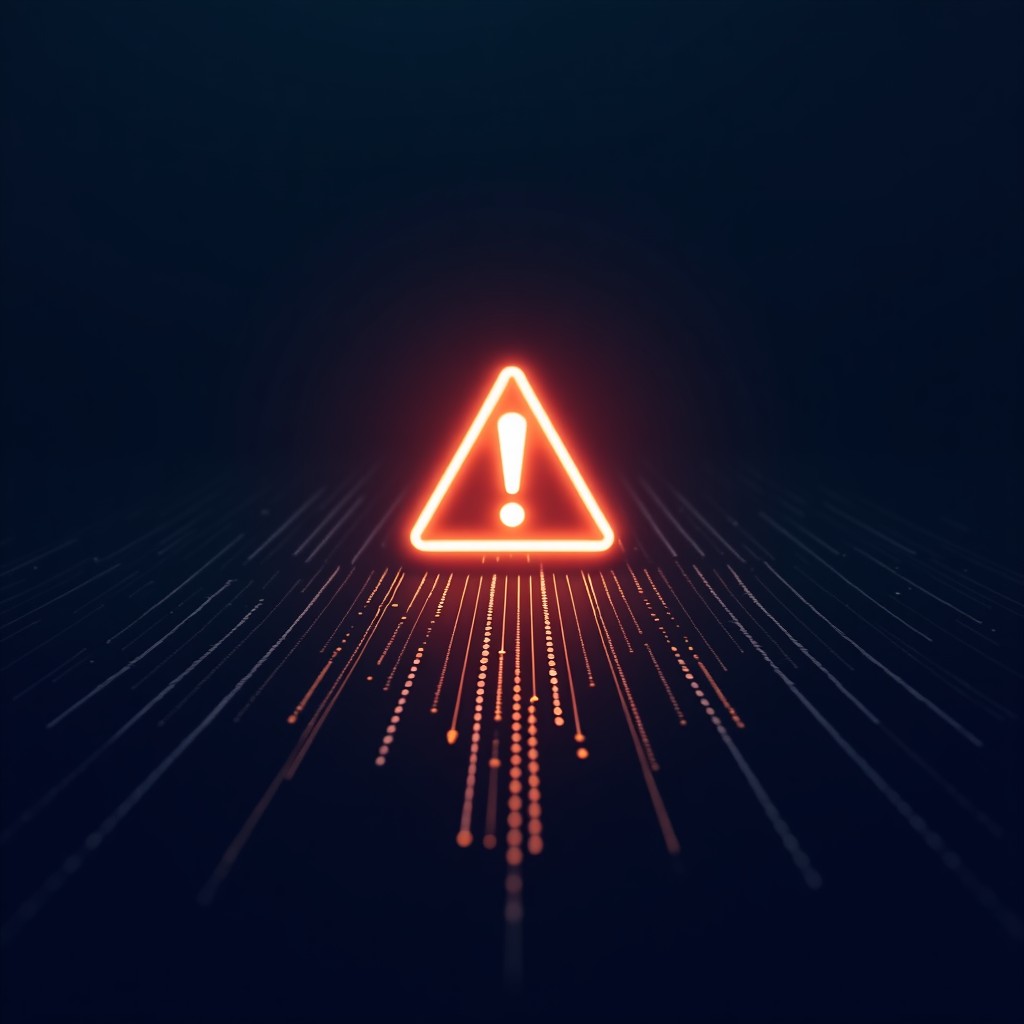 A high-tech digital interface showing a glowing warning icon over a stream of binary code, dark navy background, modern layout, high contrast, no text, 1:1