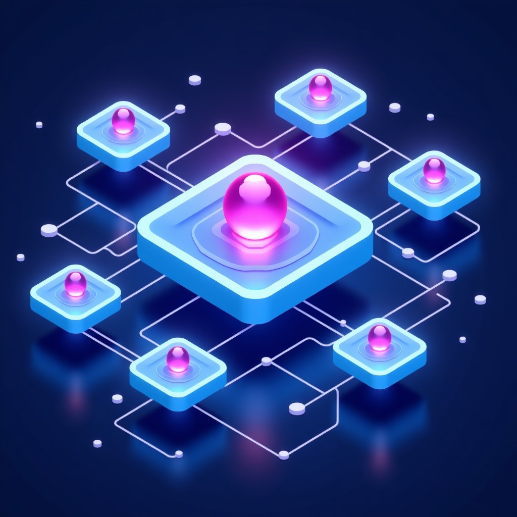 Digital illustration of interconnected AI nodes analyzing web data and generating professional marketing content blocks, vibrant blue and purple tones, clean layout, 4:3