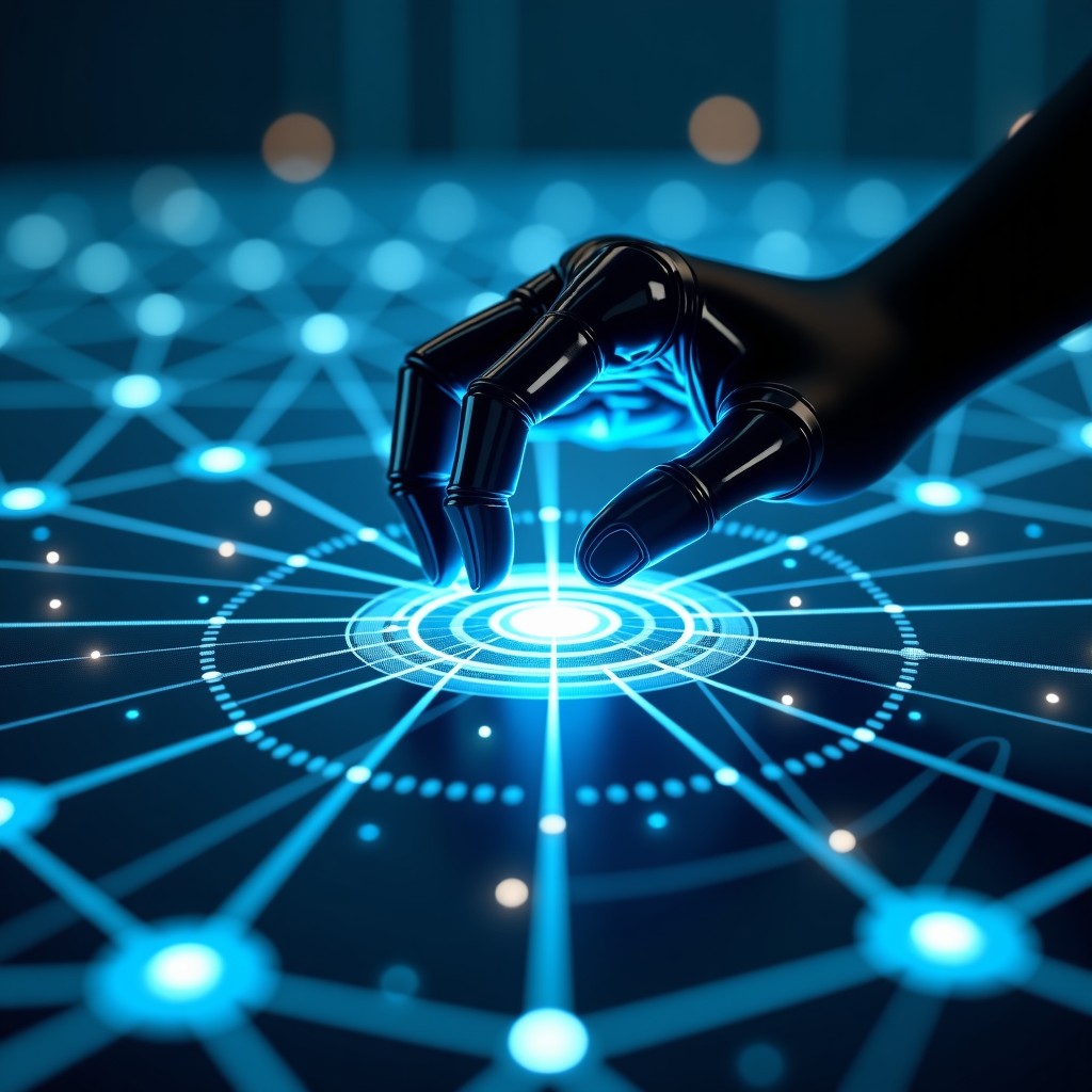 A futuristic AI agent robot scanning a complex holographic web grid with glowing data nodes and digital information flows, high contrast, modern technology style, 4:3