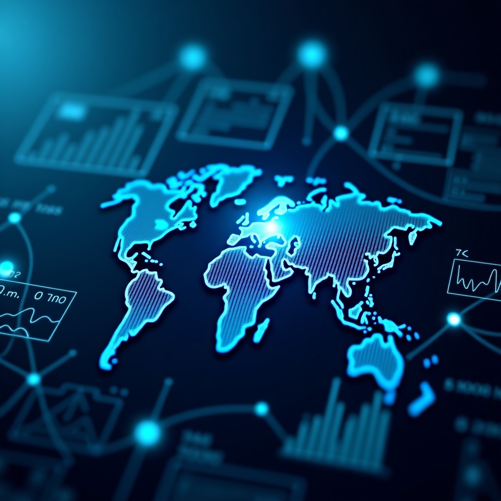 A sophisticated digital interface representing an advanced AI agent network interacting with global economic symbols like currency and stock charts, dark blue background with glowing fiber optic connections, high contrast, cinematic lighting, 4:3