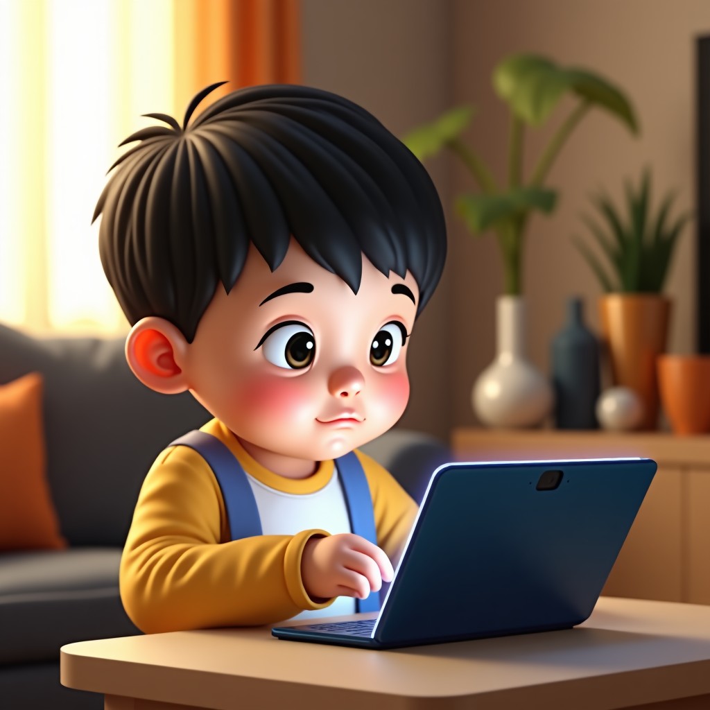 A Korean child using an AI chatbot on a tablet computer in a brightly lit living room, looking curious but cautious, modern home interior, warm natural lighting, 1:1