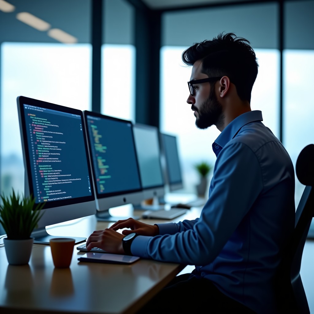 A professional developer working in a modern office, using a computer with AI coding assistant interface visible on the screen, clean tech environment, realistic style, 4:3