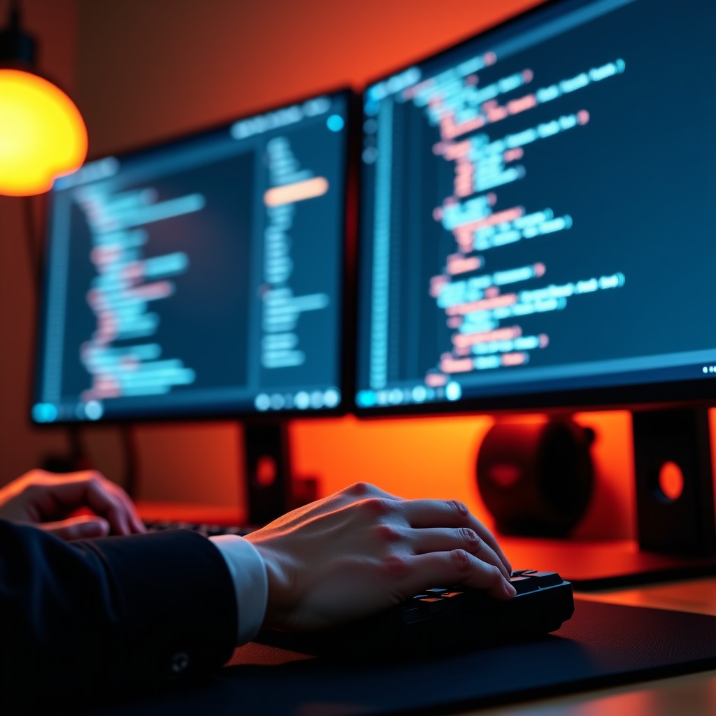 Close-up of a developer's hands typing on a mechanical keyboard with a dual monitor setup showing complex code and an AI chat sidebar offering suggestions. Warm ambient lighting, professional developer environment, high resolution, 4:3.