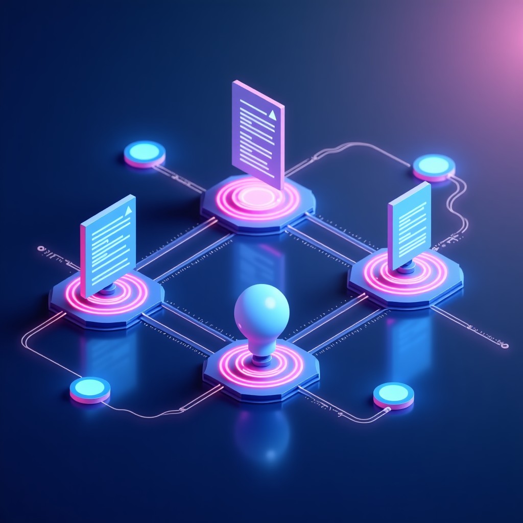 A futuristic digital marketplace interface showing AI icons and document icons connecting with glowing lines, representing a licensing hub, high-tech aesthetic, clean layout, vibrant blue and purple tones, 16:9 aspect ratio, 4:3