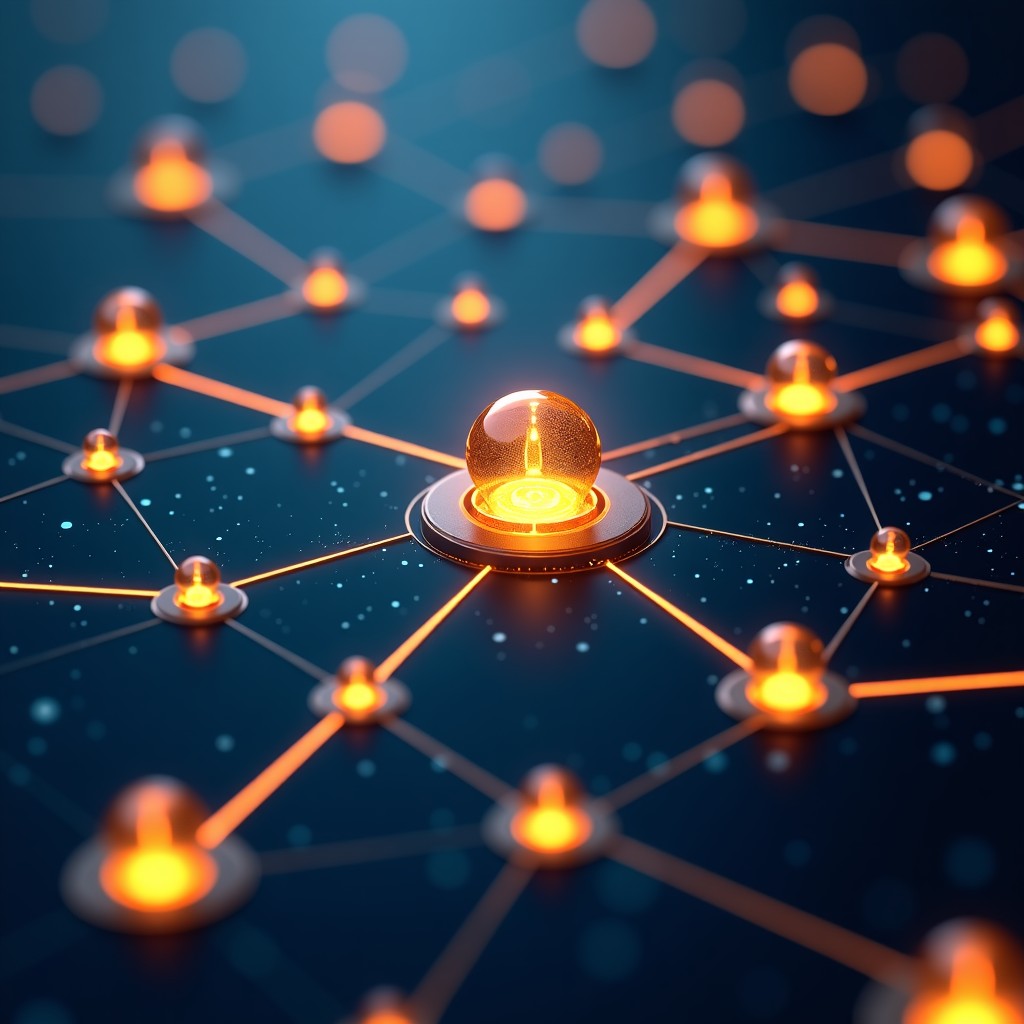 A futuristic digital landscape representing venture capital investment in artificial intelligence. Glowing nodes representing AI neural networks connected by golden streams of data and digital currency. Professional high-tech atmosphere, dark blue and gold color palette. Cinematic lighting. 4:3