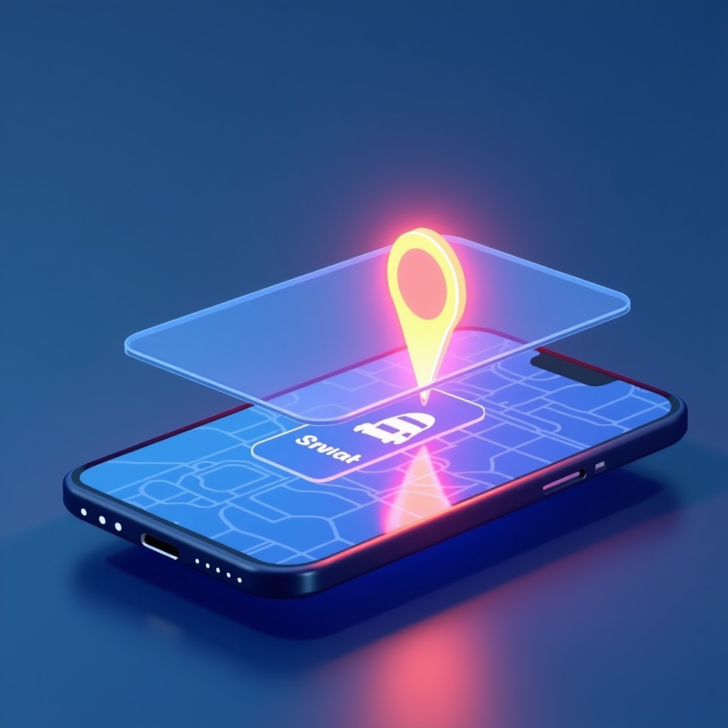 A digital illustration showing a translucent smartphone screen overlaying a map interface. A glowing AI cursor is hovering over a ride-sharing app button. The concept represents task automation and agentic AI features. Clean infographic style, vibrant blue and purple gradients, high contrast, 4:3.