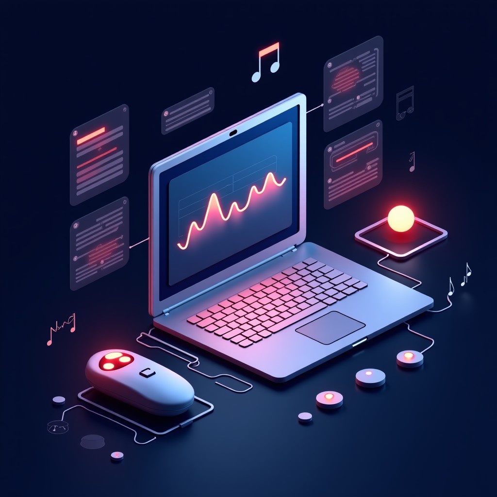 A clean informational illustration showing AI analyzing music waveforms and rhythm patterns to compose music. Modern layout with high contrast. Glowing digital elements on a dark textured background. 4:3