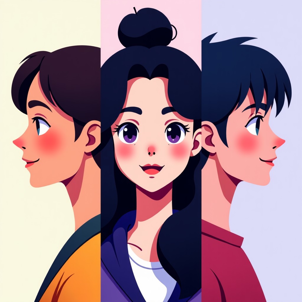 A split-screen digital illustration showing a regular portrait photo on the left and three different AI-restyled versions on the right, including anime style and low-poly geometric style. Vibrant colors, clean futuristic design, 4:3