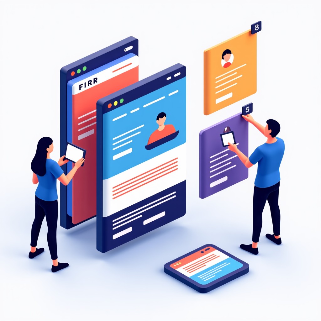A sleek modern infographic showing a single static website page splitting into multiple diverse personalized screens for different users, vibrant colors, clean layout, high contrast, featuring Fibr AI concept, 4:3