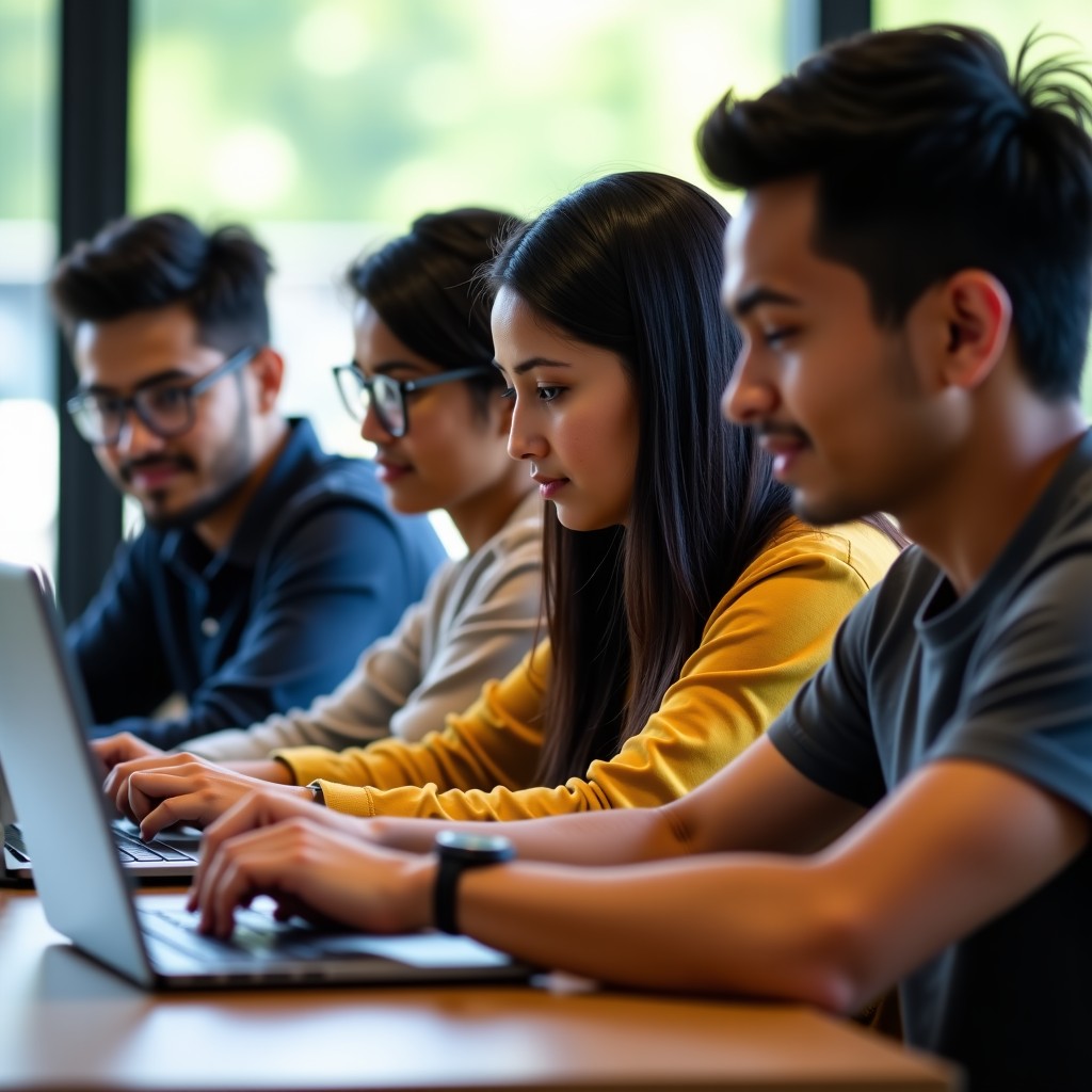 Group of South Asian university students sitting in a vibrant campus cafe using laptops and tablets together, focused expressions, modern lifestyle photography, natural sunlight, 4:3